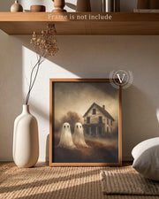 Vodefoad Retro Cute Ghost Decor Halloween Painting Spooky Silhouette Ghosts Haunted House Art Victorian Ghost Posters Pictures for Living Room, Bedroom, Bathroom, halloween Room decor - 8x10 Inch Unframed