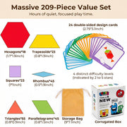 LovesTown 209 PCS Shapes Wooden Pattern Blocks for Kids | Geometric with Activity Cards, Storage Bag, Educational Tangram Puzzles, Great Learning Gift