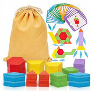 LovesTown 209 PCS Shapes Wooden Pattern Blocks for Kids | Geometric with Activity Cards, Storage Bag, Educational Tangram Puzzles, Great Learning Gift