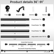 Wolistsa Curtain Rods 36-91 Inch, Black 1 Inch Adjustable Heavy Duty Curtain Rods for Windows, Decorative Modern Window Treatment Rod, Telescopic Splicing Metal Drapery Pole, Easy Installation