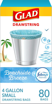 Glad Small Trash Bags, Great for Office, Bathrooms and Bedroom Bins, Beachside Breeze Scented Garbage Bags, Odor Resistant with Drawstring, Febreze Freshness, 4 Gallon Trash Bags, 80 Count