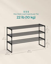 SONGMICS Shoe Rack, 3-Tier Shoe Organizer, Metal Storage Shelf | for Entryway, Upright or Upside Down, for 16-20 Pairs, Stackable, 11.8 x 36.2 x 21.7 Inches, Black ULSA303B02