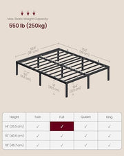 VASAGLE Full Metal Bed Frame, 14 Inches Tall, 1100 lb Weight Capacity | Heavy-Duty Platform Bed, No Box Spring Needed, Under-Bed Storage, Mattress Retainers, Easy Setup, URMB652BD02S