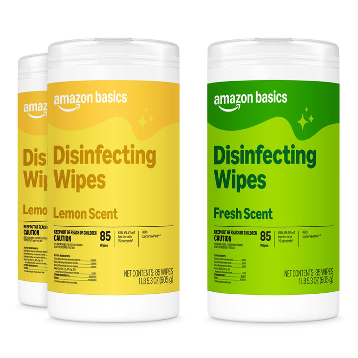 Amazon Basics Disinfecting Wipes, Lemon & Fresh Scent, Sanitizes, Cleans, Disinfects & Deodorizes, 255 Count (3 Packs of 85), Packaging May Vary