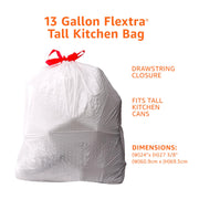 Amazon Basics 13 Gallon Flextra Strength Tall Kitchen Drawstring Trash Bags, Tear Resistant, 90 count