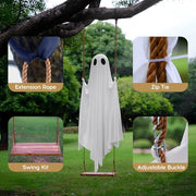 5FT Large Outdoor Halloween Decorations Swing Hanging Ghost for Porch, Yard | Ready to Hang Setup, Height-Adjustable Swing, Timer Remote Lights Strings, Draped Smooth Fabric, Porch Yard Lawn Tree Decor