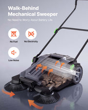 VEVOR Walk-Behind Hand Push Floor Sweeper with 25.6" Sweeping Width | Non-Electric, 5-Gallon Waste Container, Angle & Height Adjustable Folding Handle, Manual Floor Sweeper for Walkway Yard Patio