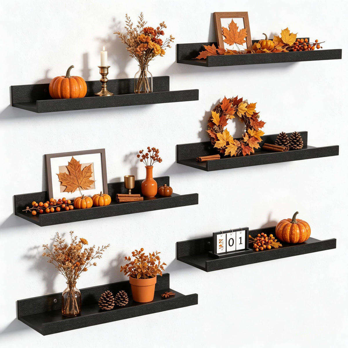 upsimples Floating Shelves for Wall Decor and Storage, Black, 6Pcs 15.7'' | Wall Mounted Wood Shelves for Living Room, Bedroom, Bathroom, Kitchen, Office, Laundry Room Display and Organize