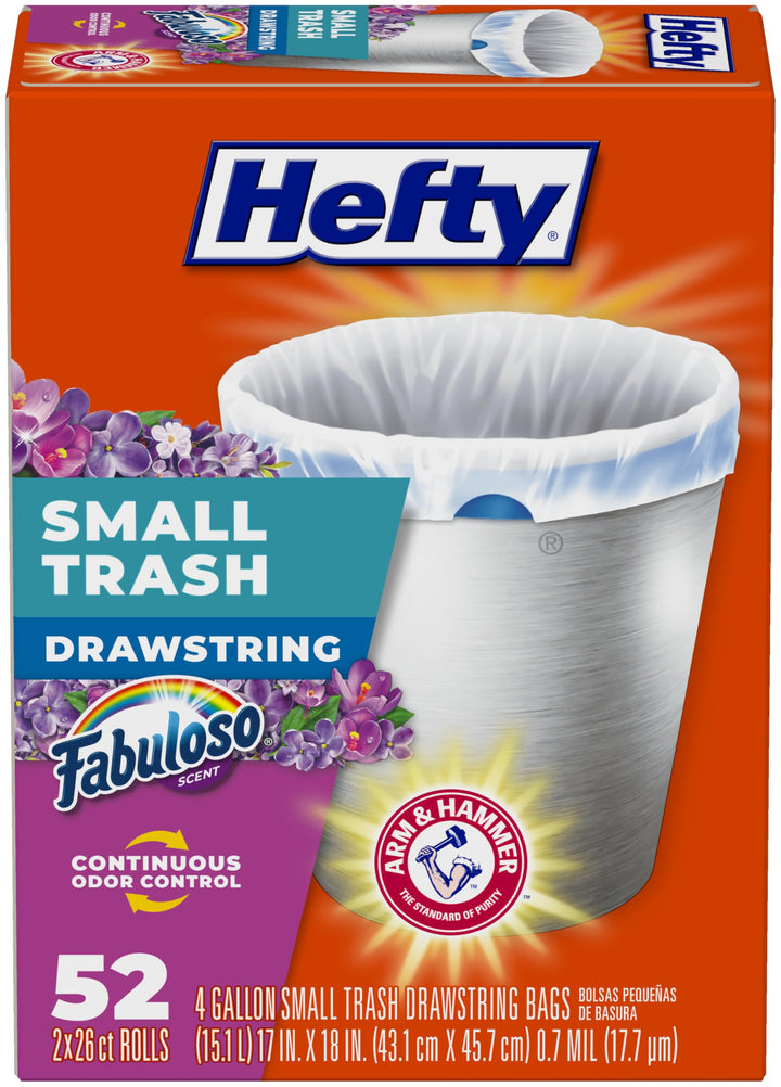 Hefty 4 Gallon Small Trash Bags, White, Fabuloso Lavender Scent, 52ct | Drawstring Closure, 4G Small White Trash Bags for Bathrooms, Dorm Rooms, Home Offices, Scented, Continuous Odor Control