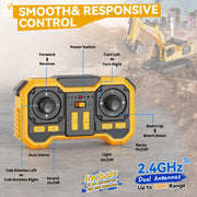 Noizka Remote Control Excavator Toy for Boys, 3-in-1 RC Excavator with Alloy Bucket, Breaker & Grapple, Construction Vehicle Toys with Lights & Sounds, 2×1200mAh Batteries, Birthday Gift for Kids 8-12
