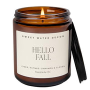 Sweet Water Decor Hello Fall Candle, 9oz Amber Jar, Autumn Scents for Home | Hot Cider, Cinnamon, Cloves, & Nutmeg Soy Wax Scent Notes, 40+ Hour Burn Time, Glass Jar, Black Lid, Thanksgiving & Halloween