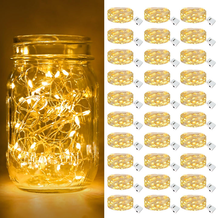 btfarm 30 Pack Fairy Lights Battery Operated Twinkle Lights with 3 Modes | 7Ft 20 Led String Light, Waterproof Bulk Small Mini Silver Wire for Christmas Mason Jars Wedding Table Centerpiece,Warm White