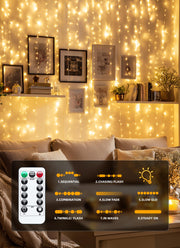 Brightown 300 LED Fairy Curtain Lights, 9.8ft x 9.8ft Curtain String Lights | Warm White USB Plug in 8 Lighting Modes Christmas String Hanging Lights with Remote for Bedroom Indoor Outdoor Party Xmas