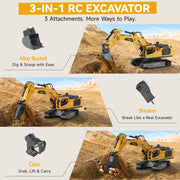 Noizka Remote Control Excavator Toy for Boys, 3-in-1 RC Excavator with Alloy Bucket, Breaker & Grapple, Construction Vehicle Toys with Lights & Sounds, 2×1200mAh Batteries, Birthday Gift for Kids 8-12