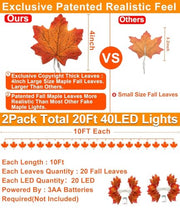 Fall Decor 2 Pack Fall Garland with Lights Enlarged Maple Leaves 20Ft 40LED | Halloween Thanksgiving Decorations, Battery Operated Waterproof Autumn String Lights Indoor Outdoor Fall Decorations for Home