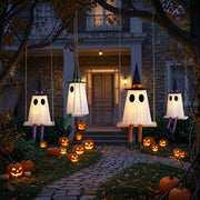 Halloween Swinging Ghost Outdoor Decor, Spooky Hanging Ghosts Decorations | Set of 3, Timer Function, Remote Control, Unique Ghost & Witch Fusion Design, Solid Wood, 29.5Inches Height