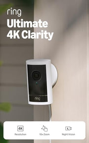 Ring Outdoor Cam 4K Pro (newest model), Plug-In, Retinal 4K with wide-angle video, 10x Enhanced Zoom, and Night Vision, White