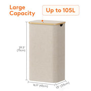 Lifewit 105L Large Laundry Basket with Lid, Removable Bags, Beige | Foldable Laundry Hamper with Bamboo Handles, Tall Laundry Bin, Dirty Clothes Hamper for Laundry Room, Bedroom, Bathroom, Dorm
