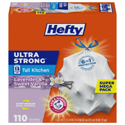 Hefty Ultra Strong 13 Gal Kitchen Trash Bags, Lavender Vanilla, 110ct | Bulk Pack, 13G Tall White Trash Bags with Drawstrings for Kitchen, Resists Leaks, Punctures, Rips, Continuous Odor Control
