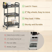 YASONIC 3 Tier Metal Rolling Cart, Black Utility Storage Cart with Wheels | Metal Mesh Craft Cart With Hooks & Hanging Cups, Ideal For Kitchen, Bathroom, Office, Dorm, Art Workspace, Bedside Storage
