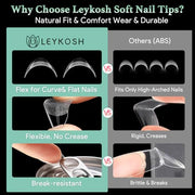 LEYKOSH Extra Short Almond Nail Tips, 216pcs Full Cover Soft Gel, 12 Sizes | 70-grit pre-sanded matte clear tips save filing time, with full-cover soft gel fit for DIY extensions and salon manicures.