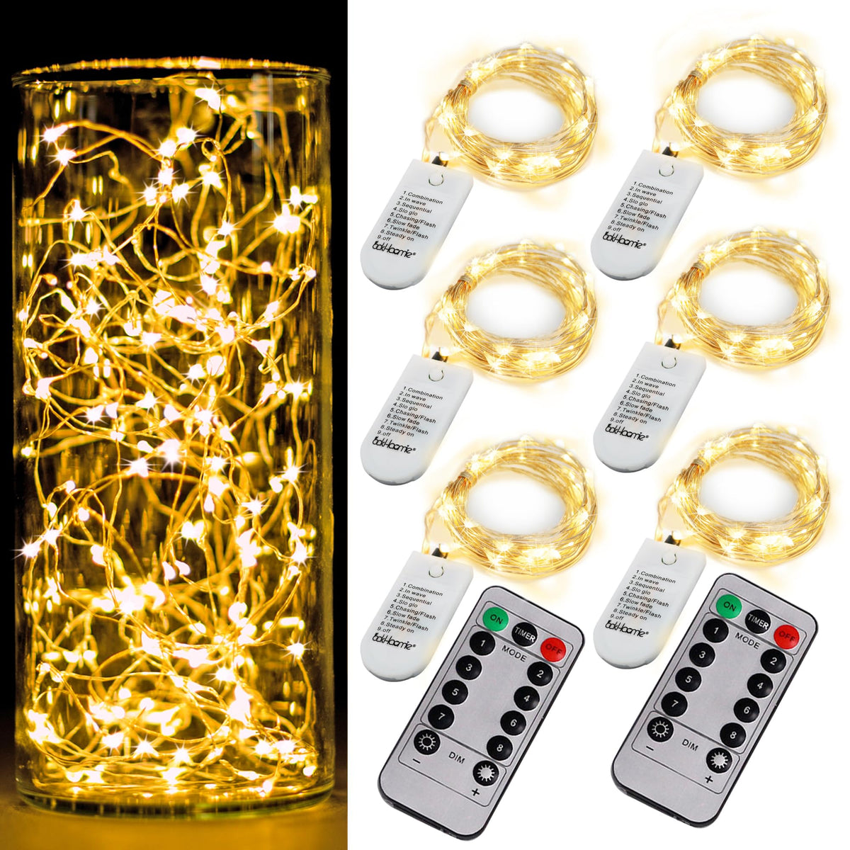 6 Pack Fairy Lights Battery Operated With Timer,2 Remotes,20 LED Warm White | 6.5ft Twinkle Lights,Waterproof Silver Wire Firefly Lights DIY Mason Jar Wedding Party Christmas Centerpiece Table Deco