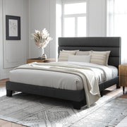 Allewie Queen Size Platform Bed Frame with Fabric Upholstered Headboard | Wooden Slats Support, Fully Upholstered Mattress Foundation, No Box Spring Needed, Easy Assembly, Noise-Free, Dark Grey