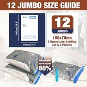 12 Jumbo Vacuum Storage Bags for Bedding, Vacuum Seal Bags for Clothing | Extra Large XL, Airtight Triple Seal, Save 80% Space, Hand Pump, Work with Vacuum, Double Zip, Reusable, Easy to Use