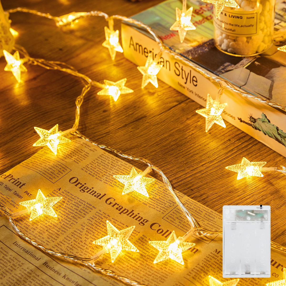 Minetom 50 LED Star String Lights, 17ft Fairy Lights Battery Operated | Star Lights with Timer, Waterproof for Indoor Outdoor Bedroom Tent Loft Bed Patio Party Wedding Christmas Decor, Warm White