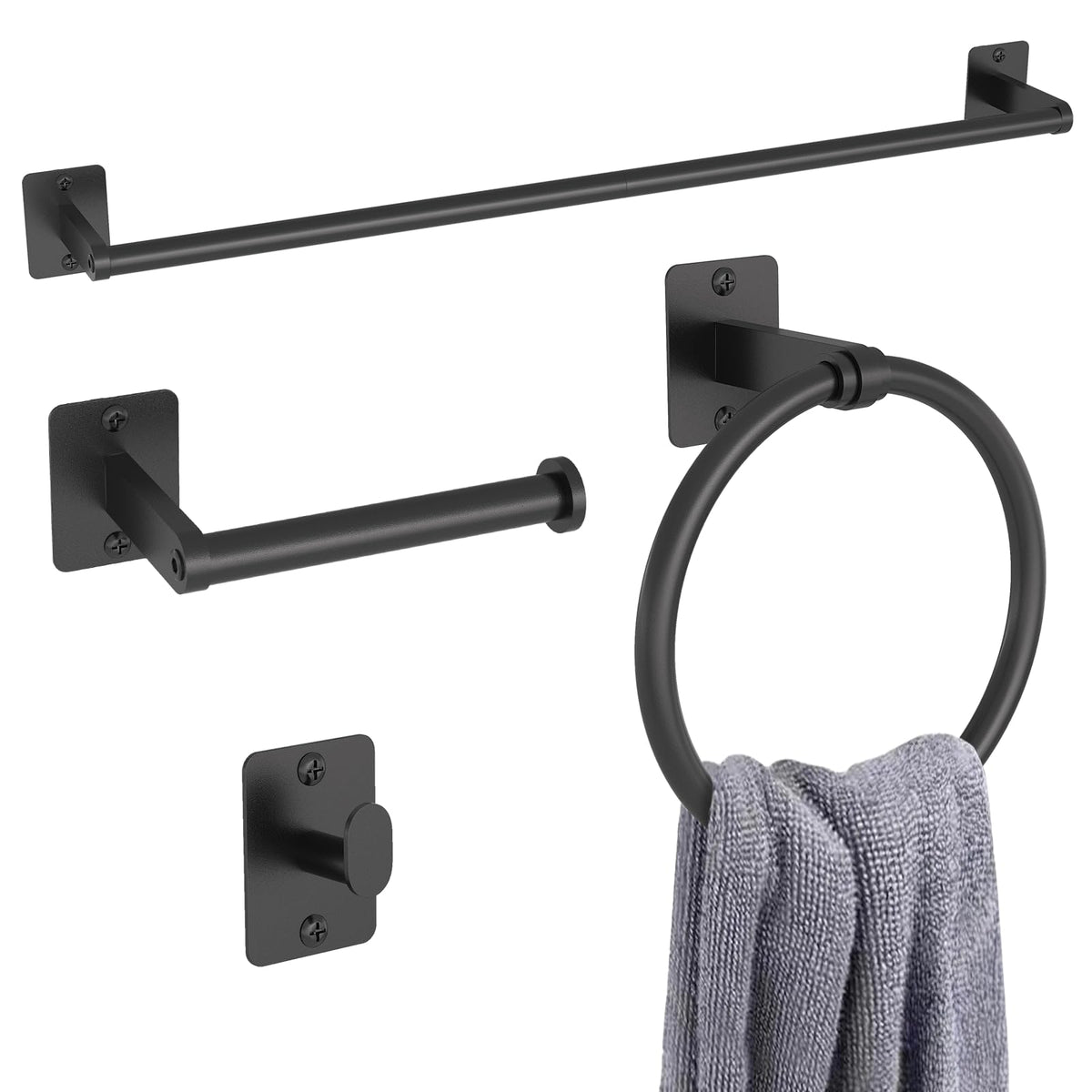 KLJKPA Black Bathroom Accessories Set, 4-Piece Bathroom Hardware Set | 24 inch Towel Bar, Towel Racks for Bathroom, Robe Towel Hooks, Toilet Paper Holder Wall Mounted