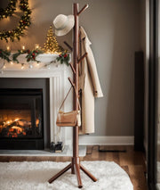 Pipishell Solid Wooden Coat Rack Freestanding with 8 Hooks, Brown | 3 Height Options, 100% Pine Wood, Tool-Free Assembly, Large Triangular Base, Smooth Rods & Hooks Prevent Clothing Snags