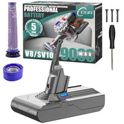EGR 9000mAh Upgraded Battery Replacement Compatible with Dyson V8 Series | 21.6V Li-ion Battery for V8 Animal/Absolute/Motorhead/Fluffy/SV10 Carbon Fiber Vacuum Cleaners with 2 Filters