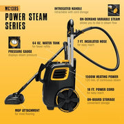 McCulloch MC1385 Canister Steam Cleaner, For Grout and Tile, 23 Accessories | Mop Head, Brushes & More - Built for Home, Tile, Carpet, Furniture, & Personal Car Detailing