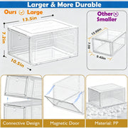 Sturdy Clear Shoe Organizer with Magnetic Door, Stackable Shoe Storage Box | Thick Plastic Shoe Storage for Sneakers & Boots, Collapsible Closet Shoe Rack and Clear Shoe Box, 6 Pack White