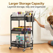 YASONIC 3 Tier Metal Rolling Cart, Black Utility Storage Cart with Wheels | Metal Mesh Craft Cart With Hooks & Hanging Cups, Ideal For Kitchen, Bathroom, Office, Dorm, Art Workspace, Bedside Storage