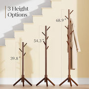 Pipishell Solid Wooden Coat Rack Freestanding with 8 Hooks, Brown | 3 Height Options, 100% Pine Wood, Tool-Free Assembly, Large Triangular Base, Smooth Rods & Hooks Prevent Clothing Snags
