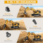 Noizka Remote Control Excavator Toy for Boys, 3-in-1 RC Excavator with Alloy Bucket, Breaker & Grapple, Construction Vehicle Toys with Lights & Sounds, 2×1200mAh Batteries, Birthday Gift for Kids 8-12