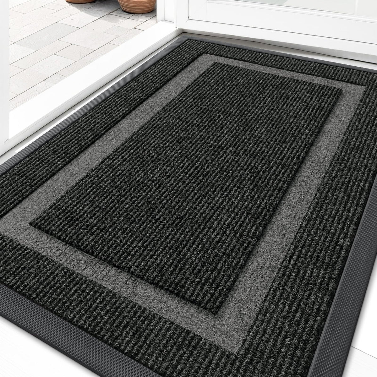 OLANLY Front Door Mat Outside 29.5x17, All-Season Heavy-Duty Rubber Doormat | Black, Absorbent, Stain and Fade Resistant, Waterproof Non-Slip Backing, Low-Profile Indoor Outdoor Floor Mat for Entryway