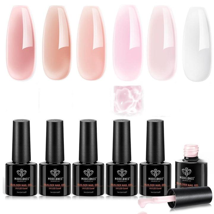 modelones Builder Nail Gel, Builder for Nails Jelly Nude Pink 6 Colors | Fall Hard Strengthener Rubber Base Gel Polish 8-in-One Extension LED Nail Lamp Cured