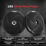 Pyle Waterproof Marine Speakers - Pair of 5.25" 180 Watt Low Profile Slim Style System - Weather Resistant Outdoor Rated Speakers for Boat, Patio, Poolside, Deck, Home (Black)