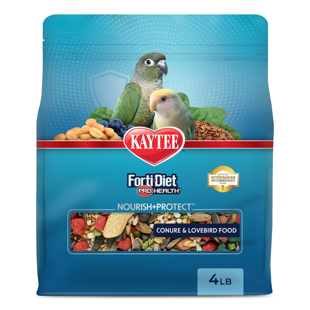 Kaytee Forti-Diet Pro Health Nourish+Protect Conure & Lovebird Food, 4 lb | Balanced digestion. Conure food with prebiotics and probiotics. Parrot food, antioxidants, omega-3s