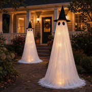 2 Pack 5 Ft Large Light Up Ghost Decor - Halloween Decorations Outdoor | Double-layered fabric, water bags and stakes, 8 light modes with timer, battery or USB power for porch and lawn