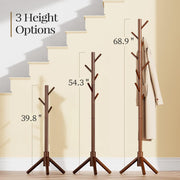 Pipishell Solid Wooden Coat Rack Freestanding with 8 Hooks, Brown | 3 Height Options, 100% Pine Wood, Tool-Free Assembly, Large Triangular Base, Smooth Rods & Hooks Prevent Clothing Snags