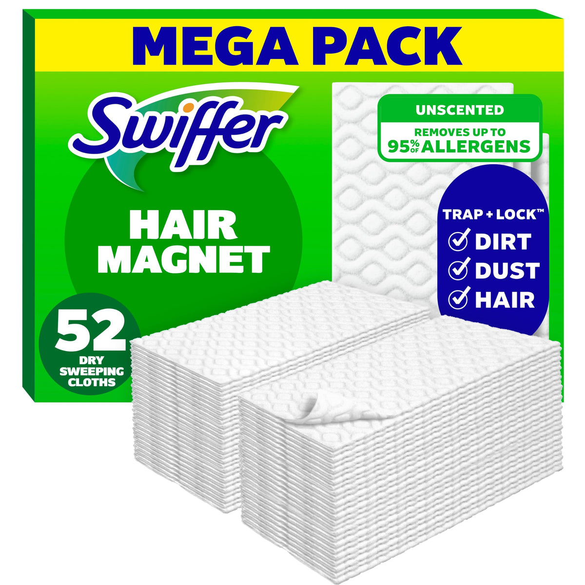 Swiffer Sweep + Mop, Dry Pads Refill, Floor Cleaner for Dirt, Dust, Hair, Cleaning Cloths for Mopping Home, Bathroom, Kitchen, Dust Mop, Floor Duster, Unscented, 52ct