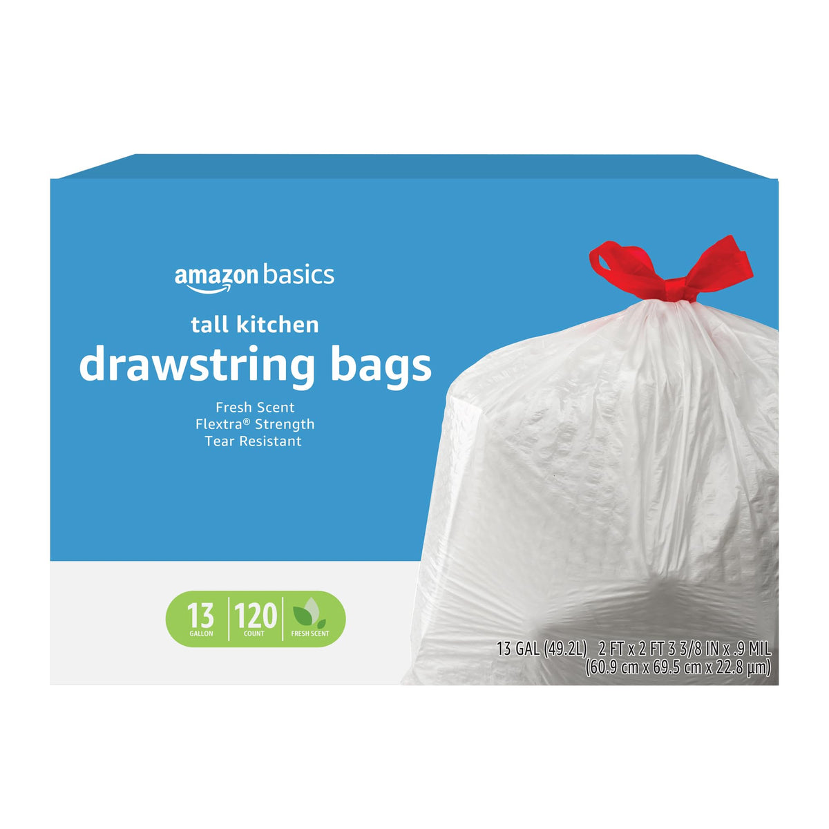 Amazon Basics Flextra Strength Tall Kitchen Drawstring Trash Bags, Fresh Scent, Tear Resistant, 13 Gallon, 120 Count
