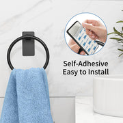 STWWO Hand Towel Holder for Bathroom, Adhesive Round Towel Ring, Black | for Bath RV Kitchen, Self Adhesive No Drill Hole, Easy to Install