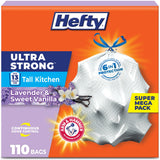 Hefty Ultra Strong 13 Gal Kitchen Trash Bags, Lavender Vanilla, 110ct | Bulk Pack, 13G Tall White Trash Bags with Drawstrings for Kitchen, Resists Leaks, Punctures, Rips, Continuous Odor Control