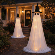 2 Pack 5 Ft Large Light Up Ghost Decor - Halloween Decorations Outdoor | Double-layered fabric, water bags and stakes, 8 light modes with timer, battery or USB power for porch and lawn