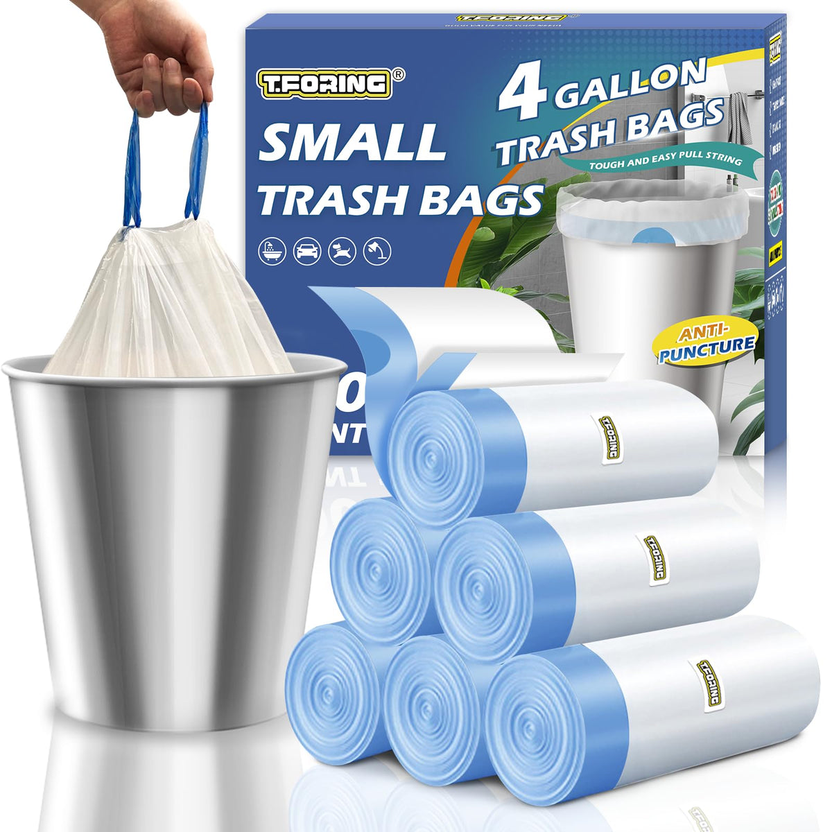 T.FORING Small Trash Bags 4 Gallon Drawstring,1.1 Mil,Unscented,120 Count | Tear-Free,Leakproof,Strong Garbage Can Liners,White,Fit 12 - 15 Liter Waste Bins,for Home Bathroom Office Car Everyday Use