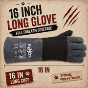 RAPICCA Animal Handling Gloves, Bite Proof Double Leather, 16 in Grey-Black | For Dog, Cat, Bird, Falconry, Snake & Reptile Handling; Vets, Groomers & Animal Control Teams